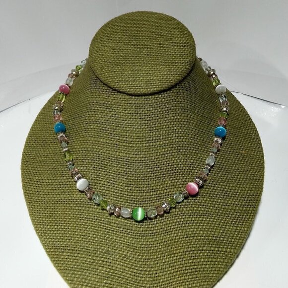 Jewelry - Women`s silver tone cat`s eye faceted beaded neckl